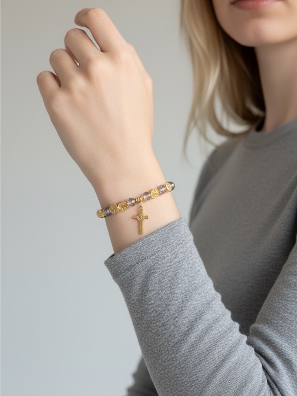 9/10 Gold and Silver Beaded Cross Bracelet - Women Jewelry